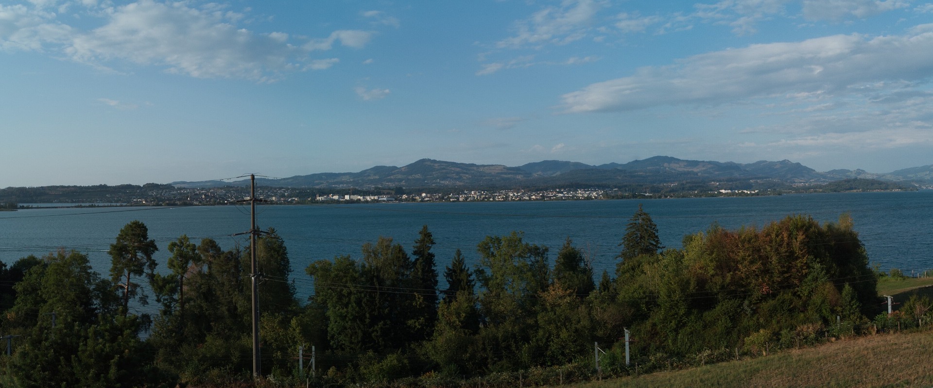 Erhöhte Panoramaperspektive über den Zürichsee mit gegenüberliegendem Ufer und Voralpen