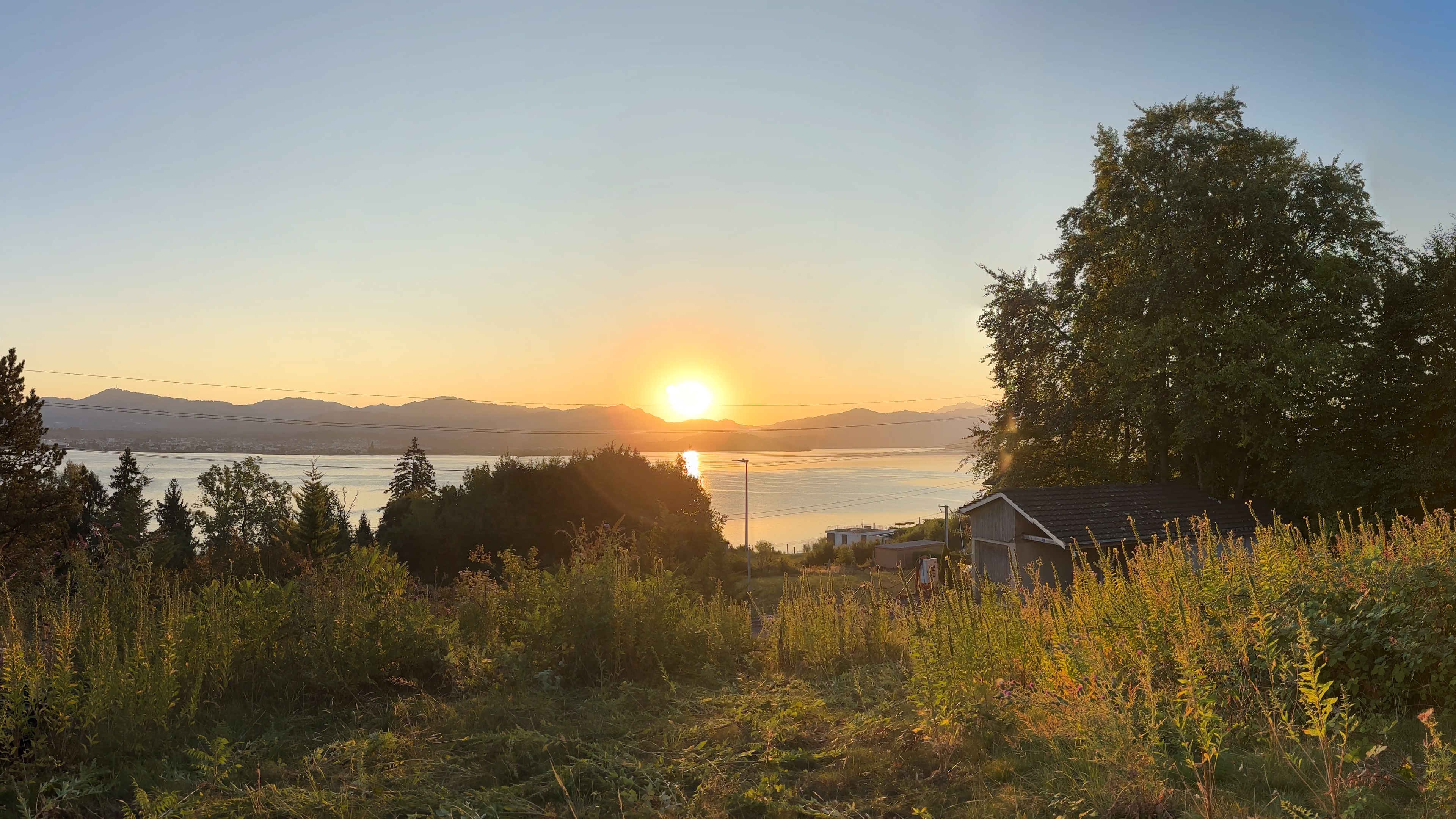 Panoramablick vom Grundstück über den Zürichsee bei Sonnenuntergang